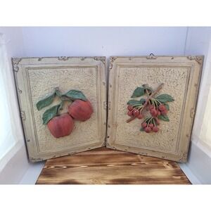 Painted 3-D Wall Decor Art Fruit Plaques Set Of‎ 2 10" X 12" Apple Cherries McM